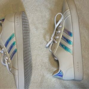 Adidas Kids White Sneakers with Blue and Teal Stripes